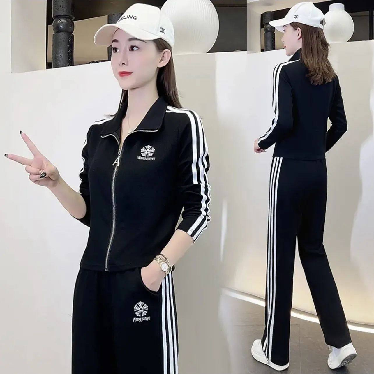 2025秋季新款时尚休闲运动套装女宽松显瘦卫衣外套阔腿裤两件套潮