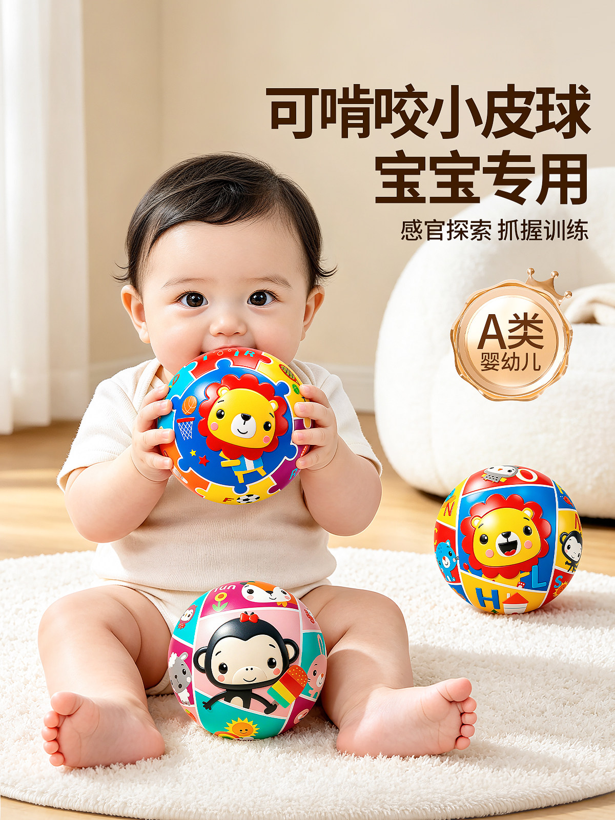 婴幼儿小皮球一岁宝宝专用可啃咬软球学步抓握运动益智儿童玩具球