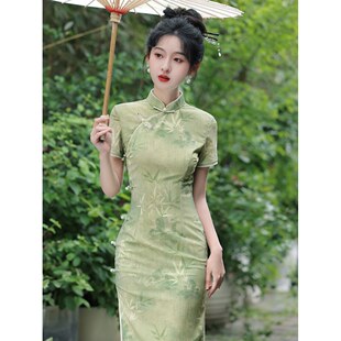 绿色送考旗袍女士夏季高端日常改良旗袍高考中考一路绿灯胸有成竹