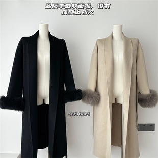 周淼 100%绵羊毛双面羊绒大衣女秋冬可拆卸真狐狸毛袖口毛呢外套