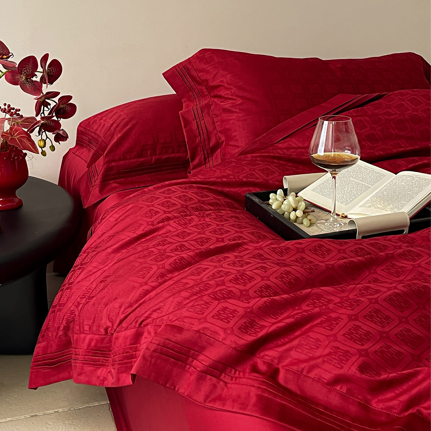 简约中式婚庆100S全棉提花四件套红色百喜被套床单款纯棉结婚床品