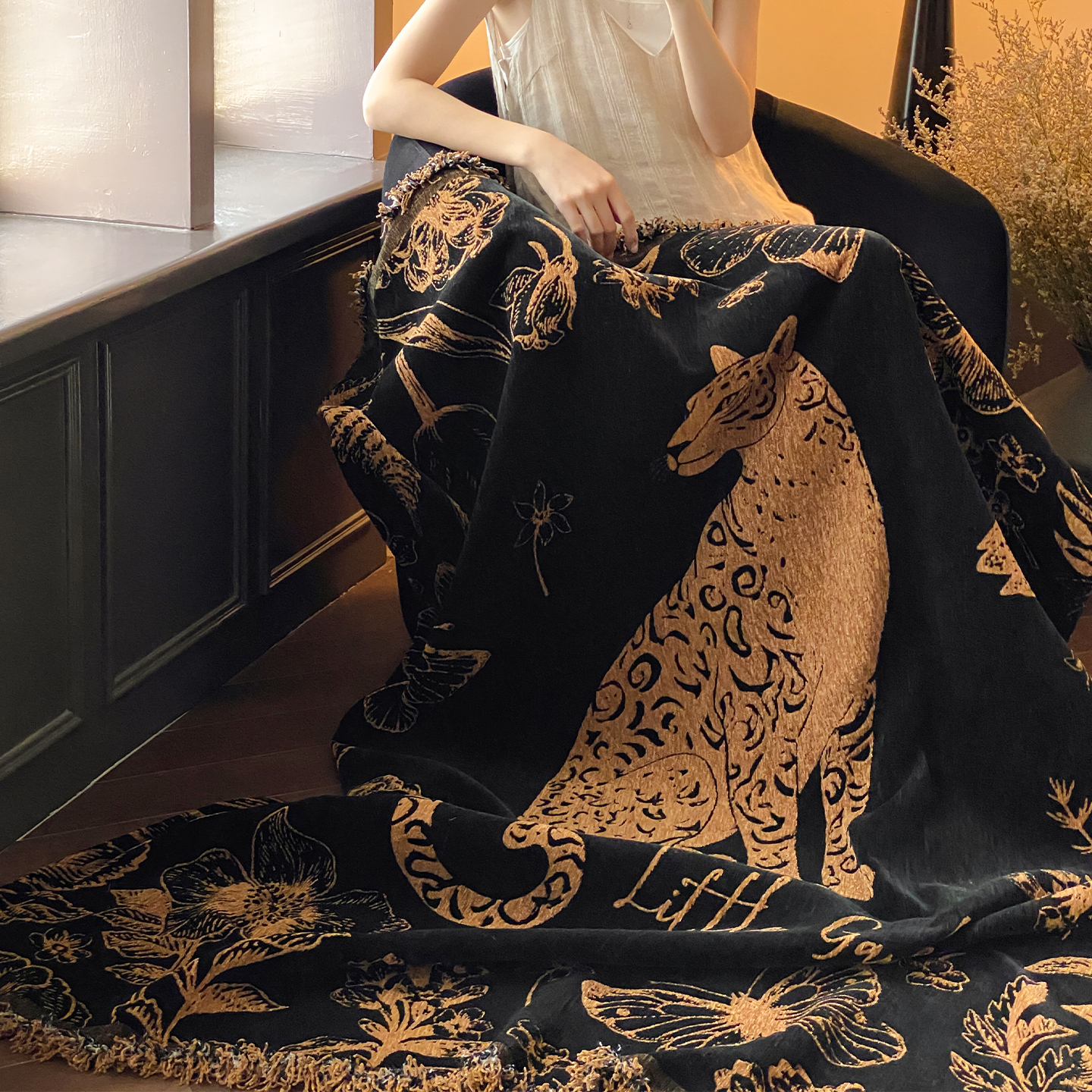 中古风秋冬针织露丝绒流苏毯子