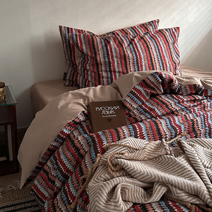 复古60支全棉贡缎磨毛四件套经典条纹印花被套床单纯棉床笠款床品