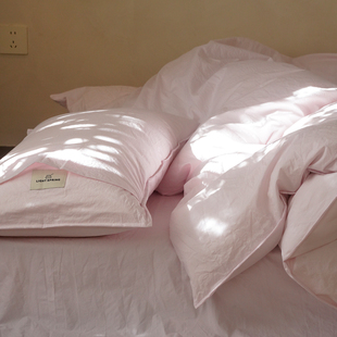 简约60支全棉纸感棉水洗棉四件套纯色肌理感被套床单纯棉床上用品