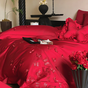 高端婚庆100S贡缎长绒棉刺绣四件套立体蝴蝶被套纯棉亲肤床单床品