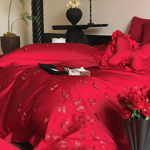 高级感婚庆100S长绒棉刺绣四件套