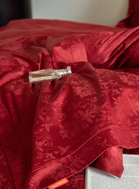 高级感婚庆100S全棉长绒棉提花四件套红色床单纯棉结婚被套床品