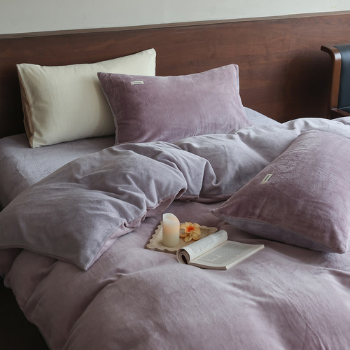 简约纯色拼色加厚牛奶绒四件套