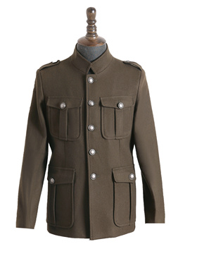 秋冬复古美式羊毛呢加厚立领西装夹克单排扣多口袋军绿色西服外套