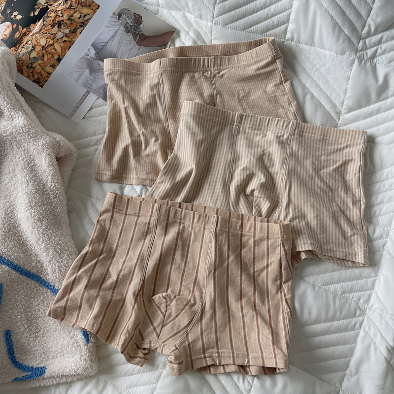 3条装男士彩棉条纹内裤燕麦色系简约中腰纯棉舒适柔软四角平角裤,女士内衣/男士内衣/家居服,男平角内裤,淘宝优惠券,粉丝福利购,淘宝优惠卷