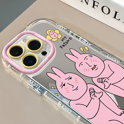 比心搞怪兔镜面适用于苹果17pro华为奶油壳oppo苹果16新iPhone15/14/13promax手机壳真我红米小米13pro/u