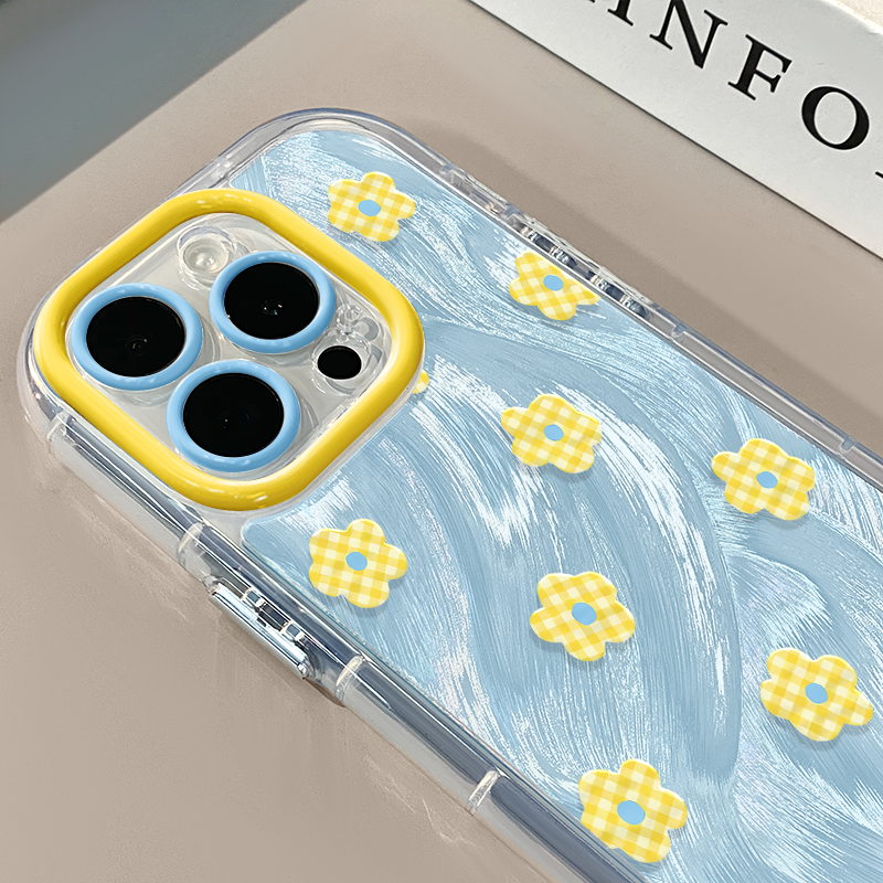 蓝底黄格纹花朵适用苹果16奶油羽纱纹卡通手机壳iphone15可爱华为p创意可爱mate70保护套小众小米15新款