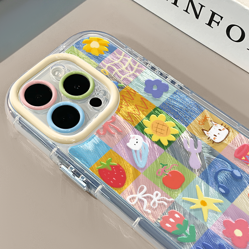 满屏格子涂鸦适用苹果16pro奶油羽纱纹卡通手机壳iphone15pro可爱华为苹果11创意可爱保护套防摔15ProMax
