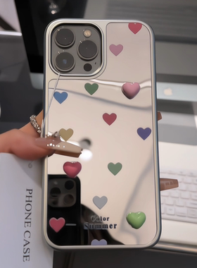 满屏爱心适用苹果17pro电镀大孔相框卡通手机壳iphone16可爱镜面华为p创意mate70保护套小众小米15新款