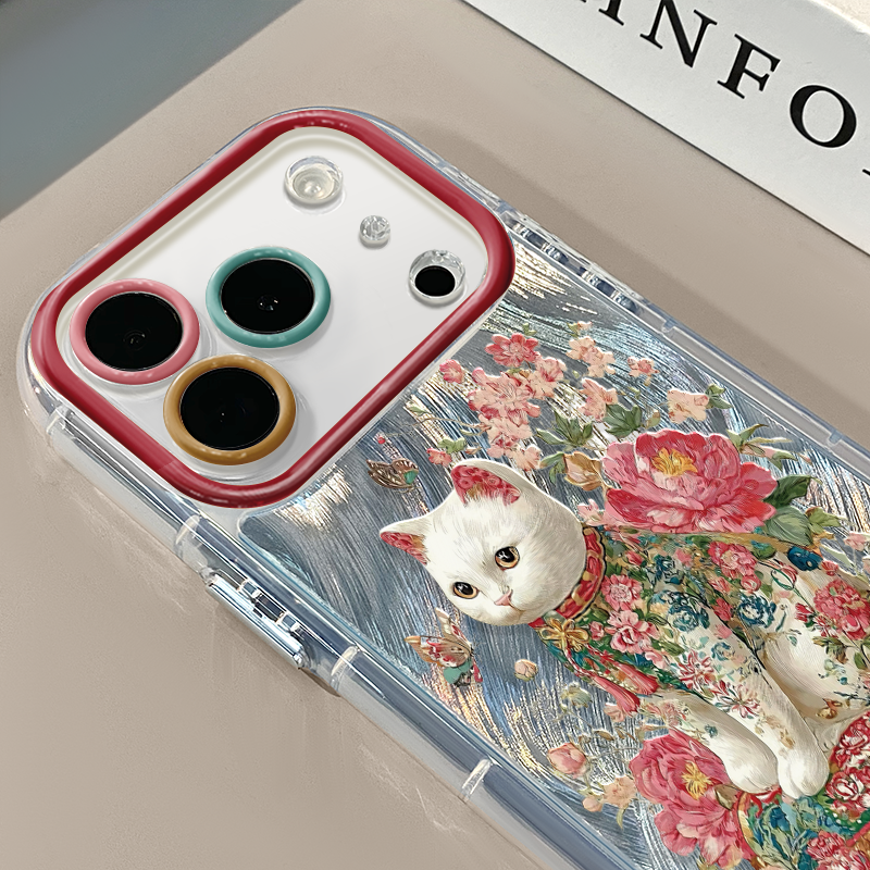 复古花纹小猫适用苹果17Pro手机壳简约16promax奶油羽纱oppo可爱华为p80荣耀创意保护套vivo小米17
