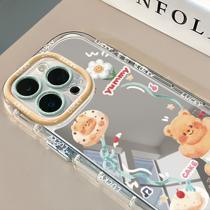 丝带黄油小熊镜面适用苹果17promax华为奶油壳oppo苹果15新iPhone16pro/12/11promax手机壳红米小米13