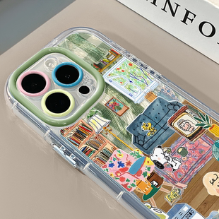 拼贴风史努比适用苹果16奶油羽纱纹卡通手机壳iphone15可爱华为p创意可爱mate70保护套小众小米15新款