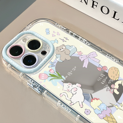 镜子小猫镜面适用于苹果17pro华为奶油壳oppo苹果16新iPhone15/14/13promax手机壳真我红米小米13pro/u