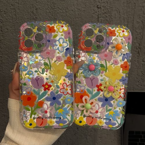 彩色涂鸦春日花朵适用苹果17奶油羽纱纹卡通手机壳iphone16可爱华为p创意可爱mate70保护套小众小米15新款
