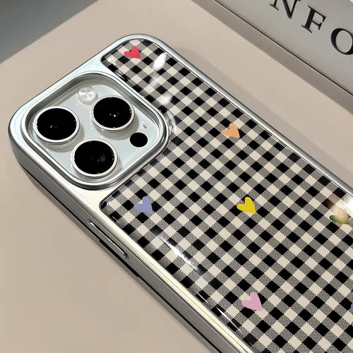 格纹彩色爱心适用苹果16pro电镀大孔相框手机壳iphone15卡通可爱华为p创意mate70保护套小众小米15新款荣耀