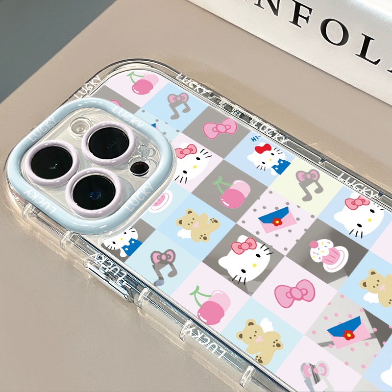 格子凯蒂猫元素镜面适用于16pro华为奶油壳oppo苹果15新iPhone14/12/11promax手机壳真我红米小米13pro/u