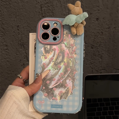 格子玫瑰适用苹果16pro奶油羽纱纹卡通手机壳iphone15可爱华为p创意可爱mate70保护套小众小米15新款