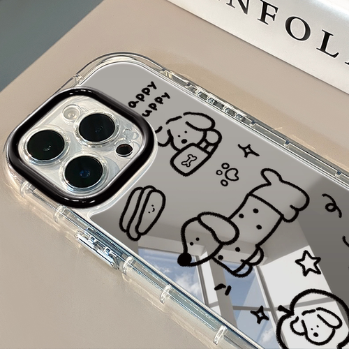 涂鸦线条腊肠狗适用于苹果17promax镜面奶油壳iPhone16手机壳华为p可爱小米15防摔潮流保护套mate70小众