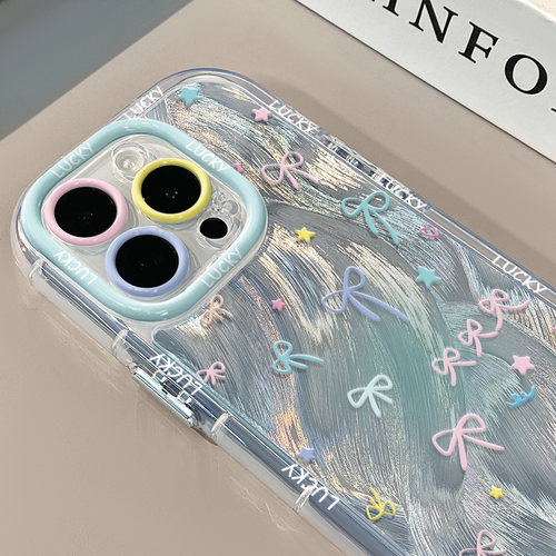 彩色蝴蝶结适用苹果17奶油羽纱纹卡通透明手机壳iphone16pro华为苹果13创意可爱保护套防摔15ProMax全包