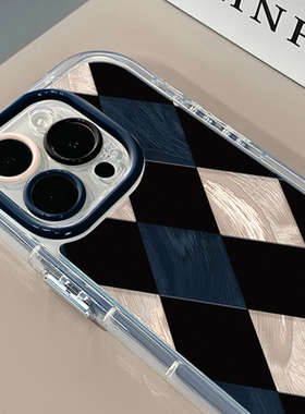 拼色菱形格蓝适用苹果16pro奶油羽纱纹卡通手机壳iphone15pro可爱华为苹果11创意可爱保护套防摔15ProMax