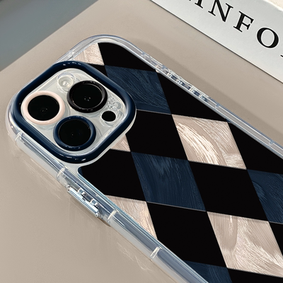 拼色菱形格蓝适用苹果16pro奶油羽纱纹卡通手机壳iphone15pro可爱华为苹果11创意可爱保护套防摔15ProMax