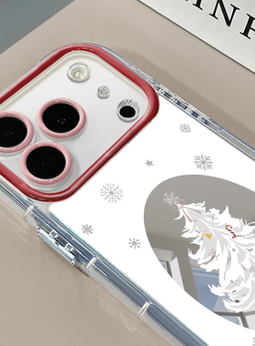 白色圣诞树适用于苹果17Pro镜面奶油壳16Promax手机壳华为p80可爱小米17防摔荣耀mate70小众红米