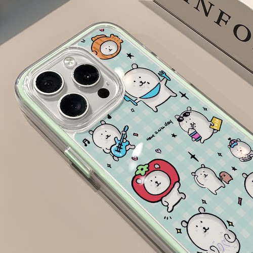 格纹小白熊适用苹果17pro手机壳iPhone16三合一炫彩可爱14小众华为mate70保护套OPPO荣耀200新款创意小米