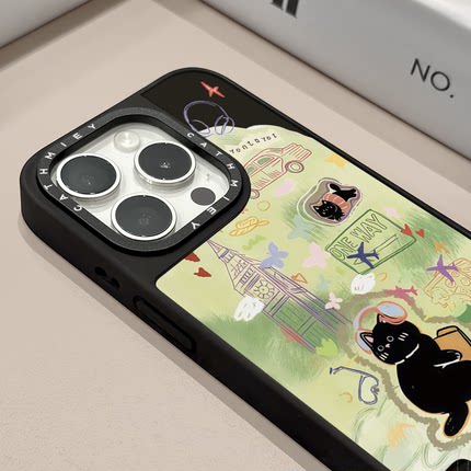 涂鸦蝴蝶猫咪适用苹果16pro黑边手机壳iPhone15镜面可爱ins风14/15/16plus小众女创意13新潮流行12pro新款