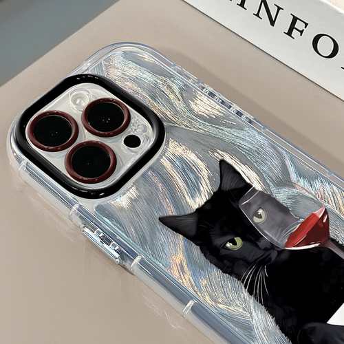 红酒黑猫适用苹果16奶油羽纱纹卡通手机壳iphone15可爱华为p创意可爱mate70保护套小众小米15新款