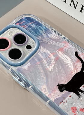 晚霞花园猫咪适用苹果16pro奶油羽纱手机壳iphone15可爱华为p80卡通荣耀创意mate70保护套小众小米15新款