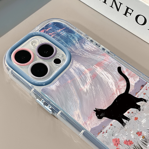 晚霞花园猫咪适用苹果16pro奶油羽纱手机壳iphone15可爱华为p80卡通荣耀创意mate70保护套小众小米15新款
