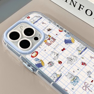 蓝格纹小狗适用苹果17pro奶油羽纱纹卡通手机壳iphone16pro可爱华为苹果13创意可爱保护套防摔15ProMax
