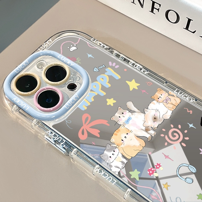 彩带五小猫镜面适用于苹果17pro华为奶油壳oppo苹果16新iPhone15/12/11promax手机壳真我红米小米13pro/u