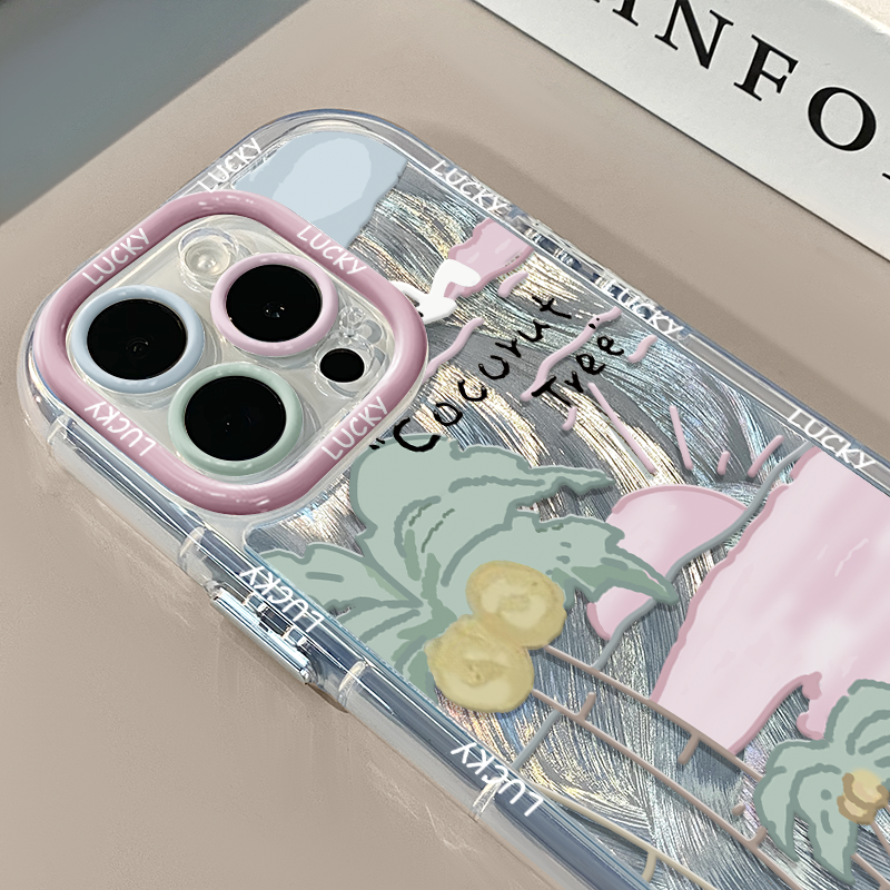 椰树沙滩适用苹果15奶油羽纱纹卡通透明手机壳iphone16华为苹果11创意可爱保护套防摔15ProMax全包
