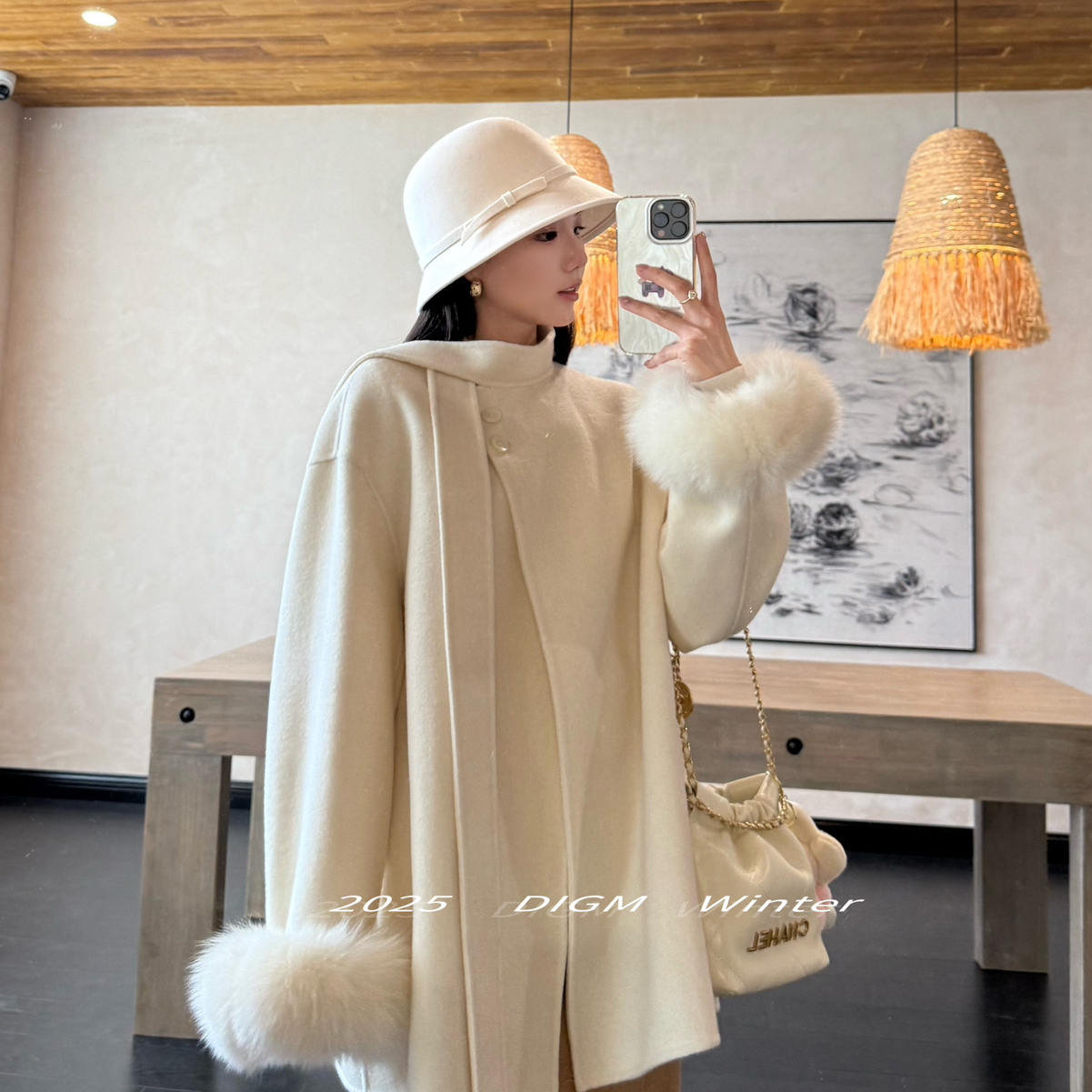 DIGM-蝶结真狐狸毛袖口手工双面呢大衣羊毛外套（含100羊毛）