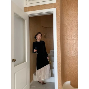 诠释美 NEWOPEN 2024秋季法式名媛轻奢高级拼接丝绒连衣裙女F1993