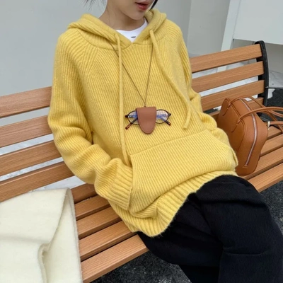 DIGM | 2025秋冬极简风连帽坑纹软糯马海毛羊毛卫衣毛衣女A31605