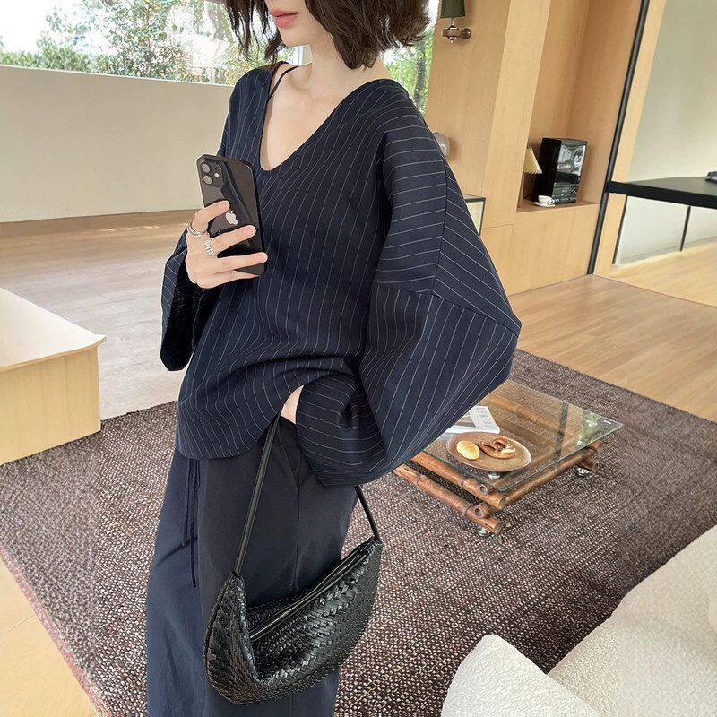 十三行早秋法式后露背简约天丝亚麻色织条纹衬衫女
