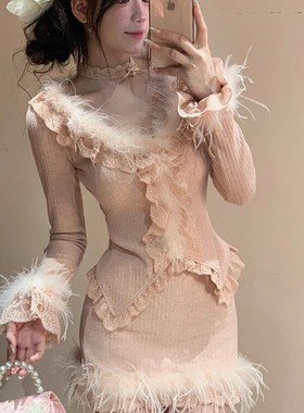 崛 Ascend-漫画型身材针织上衣+半身裙两件套时尚套装