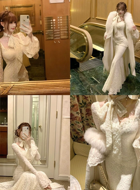 崛 Ascend-喇叭袖鱼尾包臀裙时尚财阀千金感连衣裙(配飘带)