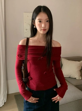 诠释美 NEWOPEN 25秋法式纯欲风亲肤一字肩露背长袖针织衫女F6258