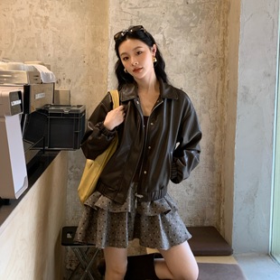 NEW 25冬美拉德甜酷风复古夹克翻领pu皮衣外套皮衣 OPEN