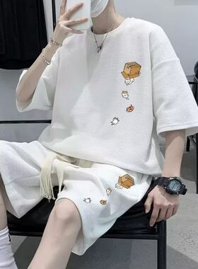 夏季休闲套装男两件套日系ins运动套装五分裤原宿五分袖T恤短裤潮