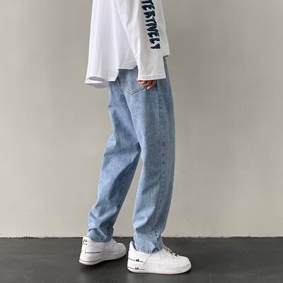2023裤子学生松紧腰牛仔裤男潮牌秋季裤港风学生宽松抽绳直筒裤子