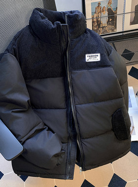 2024新款拼接灯芯绒立领棉服男冬季棉衣加绒高中学生加厚外套潮流